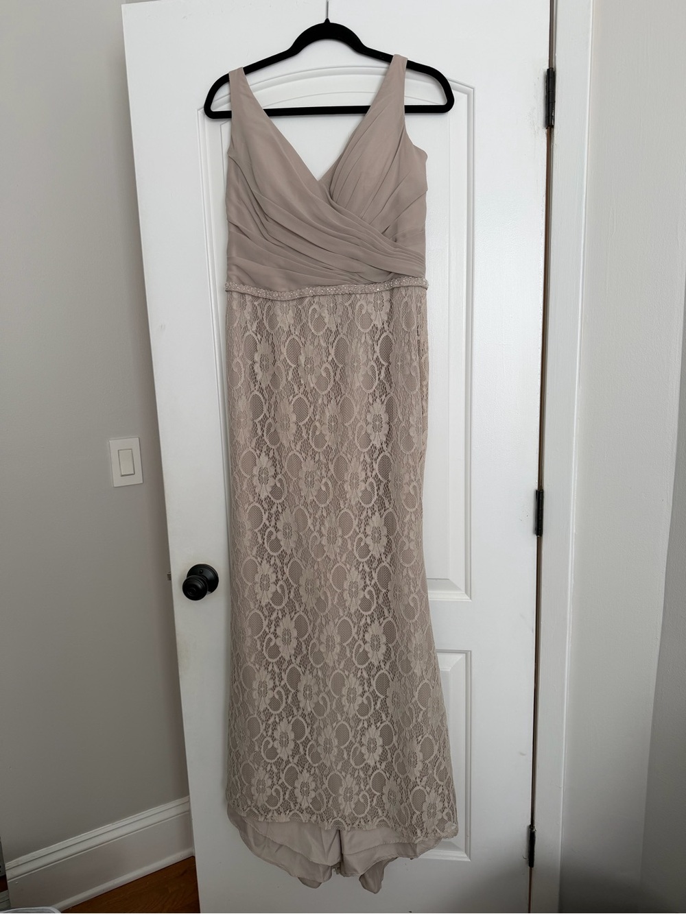 Sleeveless Taupe Lace Maxi Dress with V-Neck